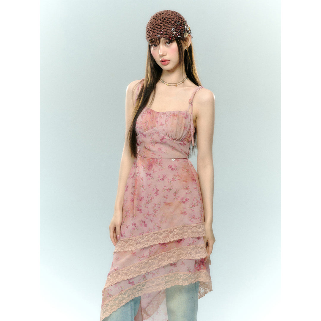 AsGony Irregular Lace Patchwork Floral Slip Dress