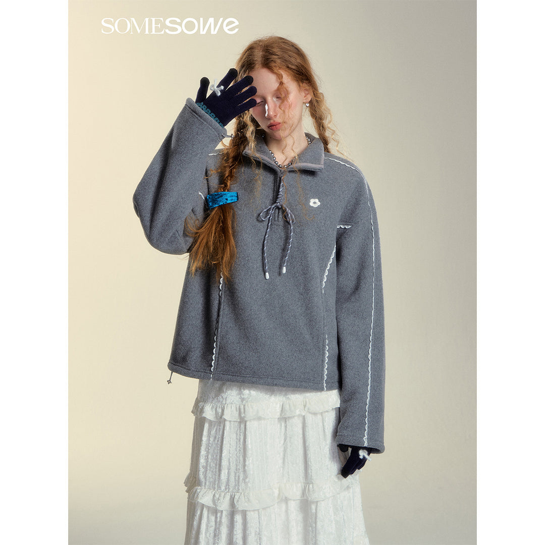 SomeSowe Lace Patchwork Fleece Sweatshirt Gray