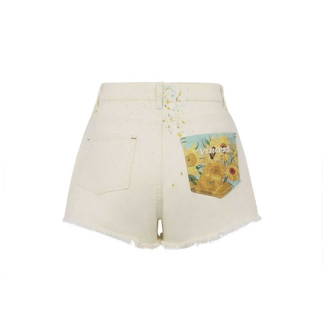 13De Marzo Van Gogh Masterpiece Denim Shorts Cream - GirlFork