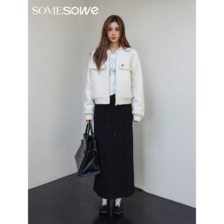 SomeSowe Star Embroidery Loop Woolen Jacket White - Mores Studio