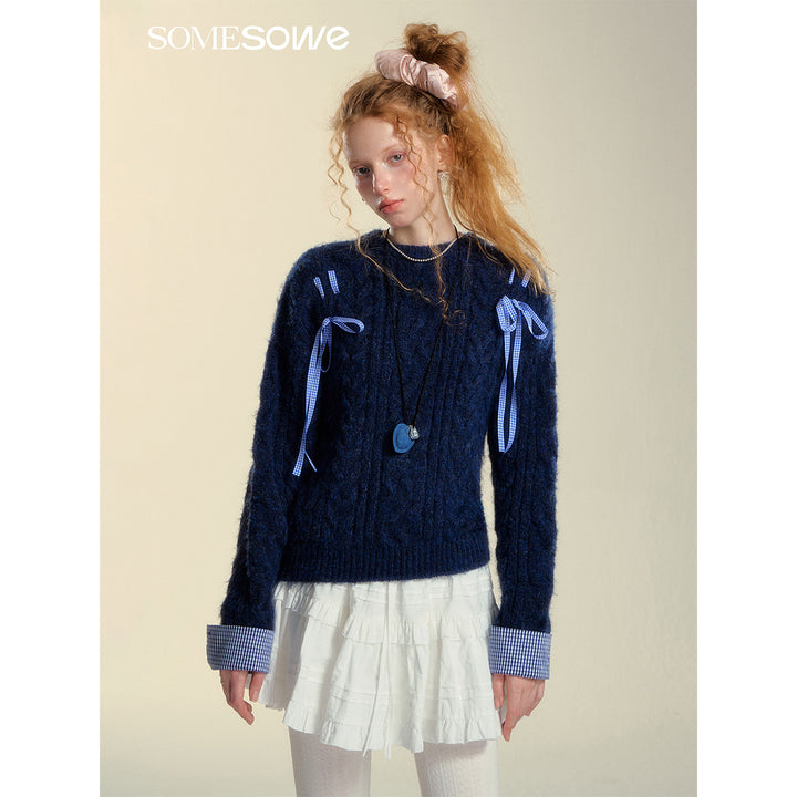 SomeSowe Plaid Drawstring Knit Sweater Blue