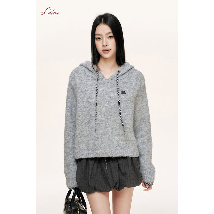 Liilou Plaid Drawstring Hooded Casual Knit Sweater