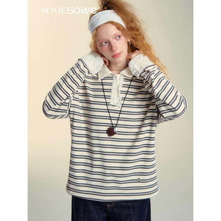 SomeSowe Lace Edge Striped Long Sleeve Polo Top Black/White