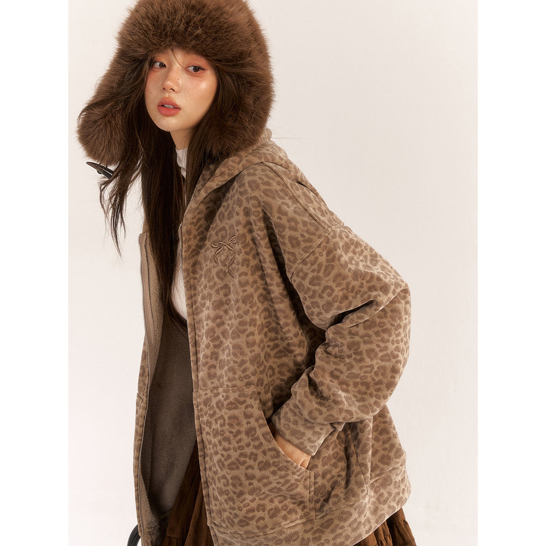 AsGony Leopard Bow Embroidery Hoodie Brown