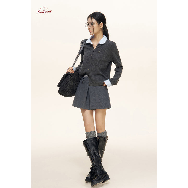 Liilou Plaid Patchwork Double Waist Woolen Tweed Skirt Gray