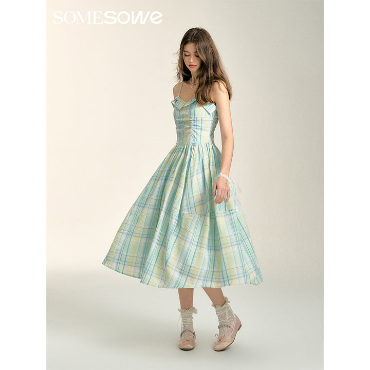 SomeSowe Pleated Checked Long Slip Dress Green