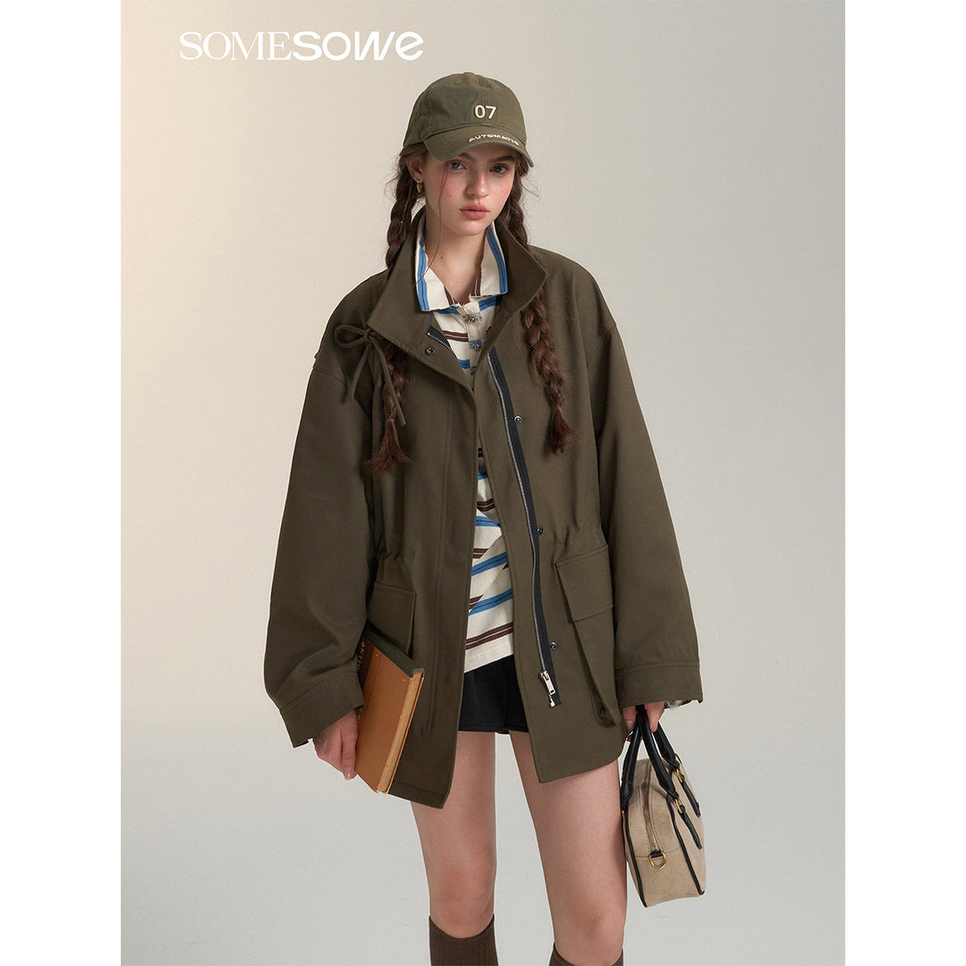 SomeSowe Bow Drawstring Waisted Cargo Jacket Olive Green