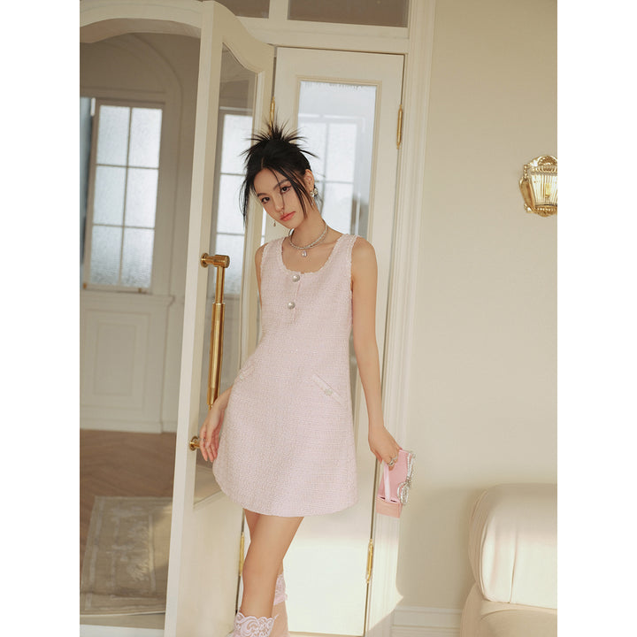 Three Quarters Sleeveless Woolen Tweed Dress Pink - Mores Studio