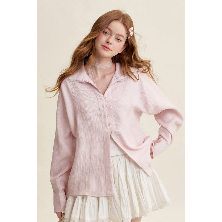 Kroche Lace Edge Patchwork Texture Loose Shirt Pink