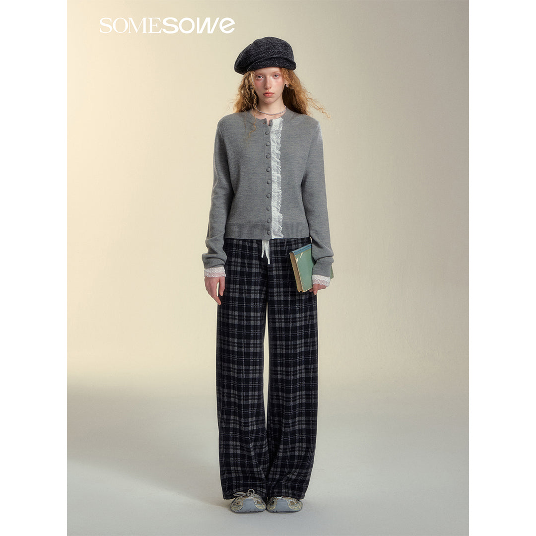 SomeSowe Lace Edge Plaid Casual Pants Black