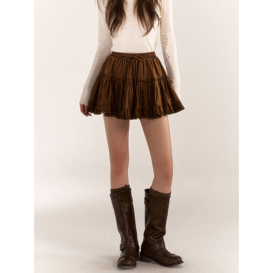 AsGony Retro Lace Edge Elastic-Waist Puffy Skirt Brown