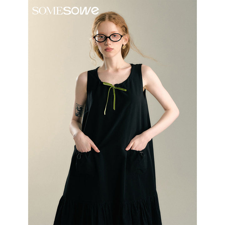 SomeSowe Bow Drawstring Cargo Vest Dress Black