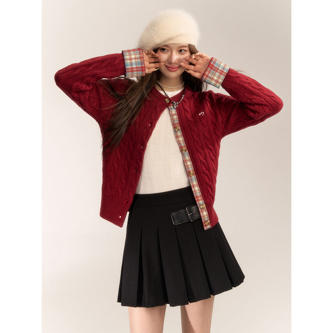 AsGony Blended Woolen Plaid Patchwork Knit Cardigan Red