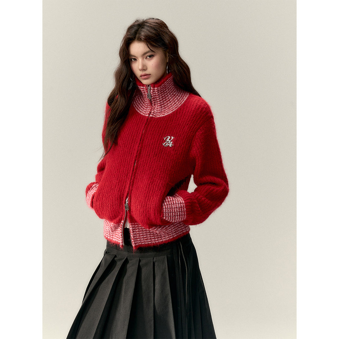 Via Pitti Color Blocked High Collar Knit Cardigan Red