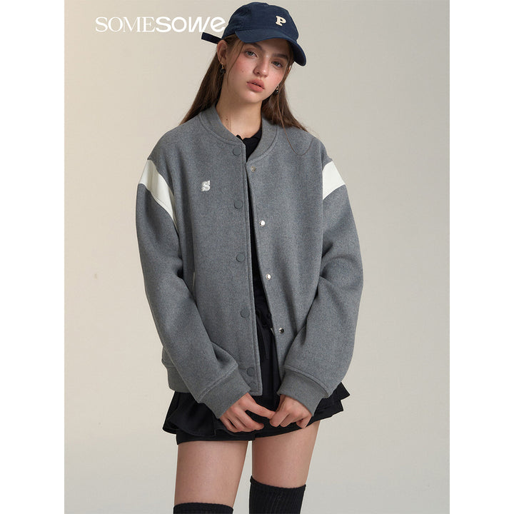 SomeSowe Leather Patchwork Woolen Jacket Gray