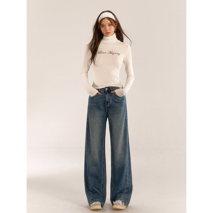 AsGony High Waist Wide-Leg Washed Casual Jeans