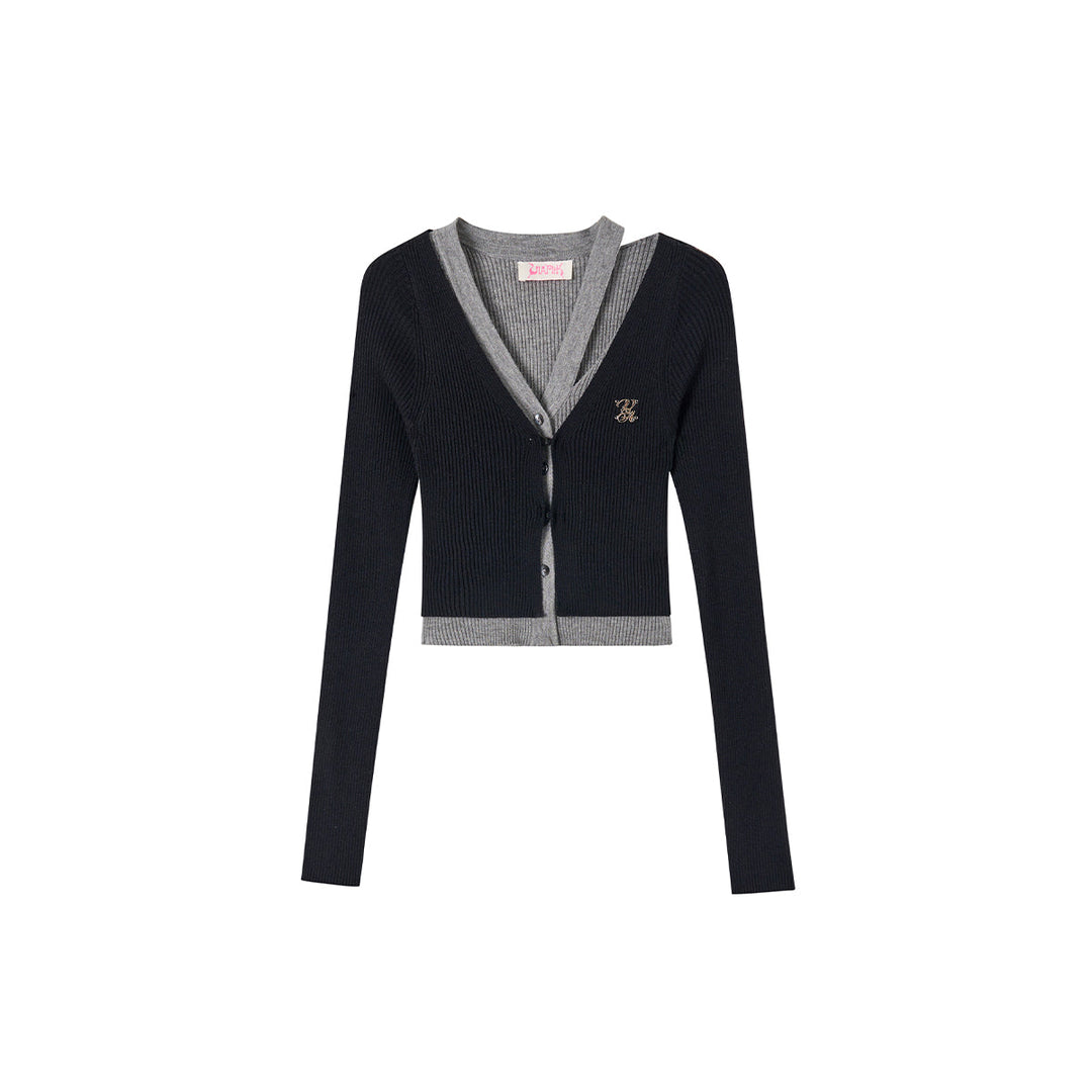 Via Pitti Color Blocked Fake-2-Piece Hollow Out Knit Cardigan Black - Mores Studio