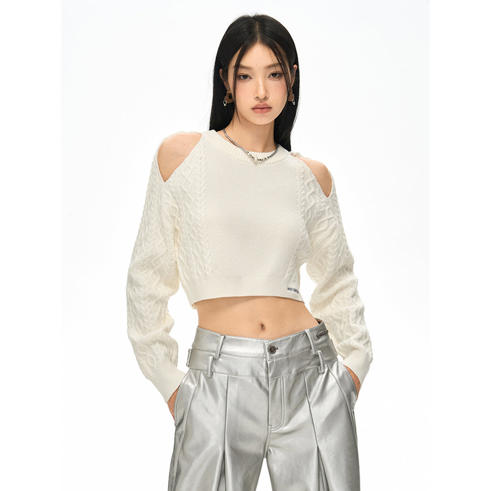 NotAwear Hollow Out Cutting Crop Knit Sweater White - Mores Studio