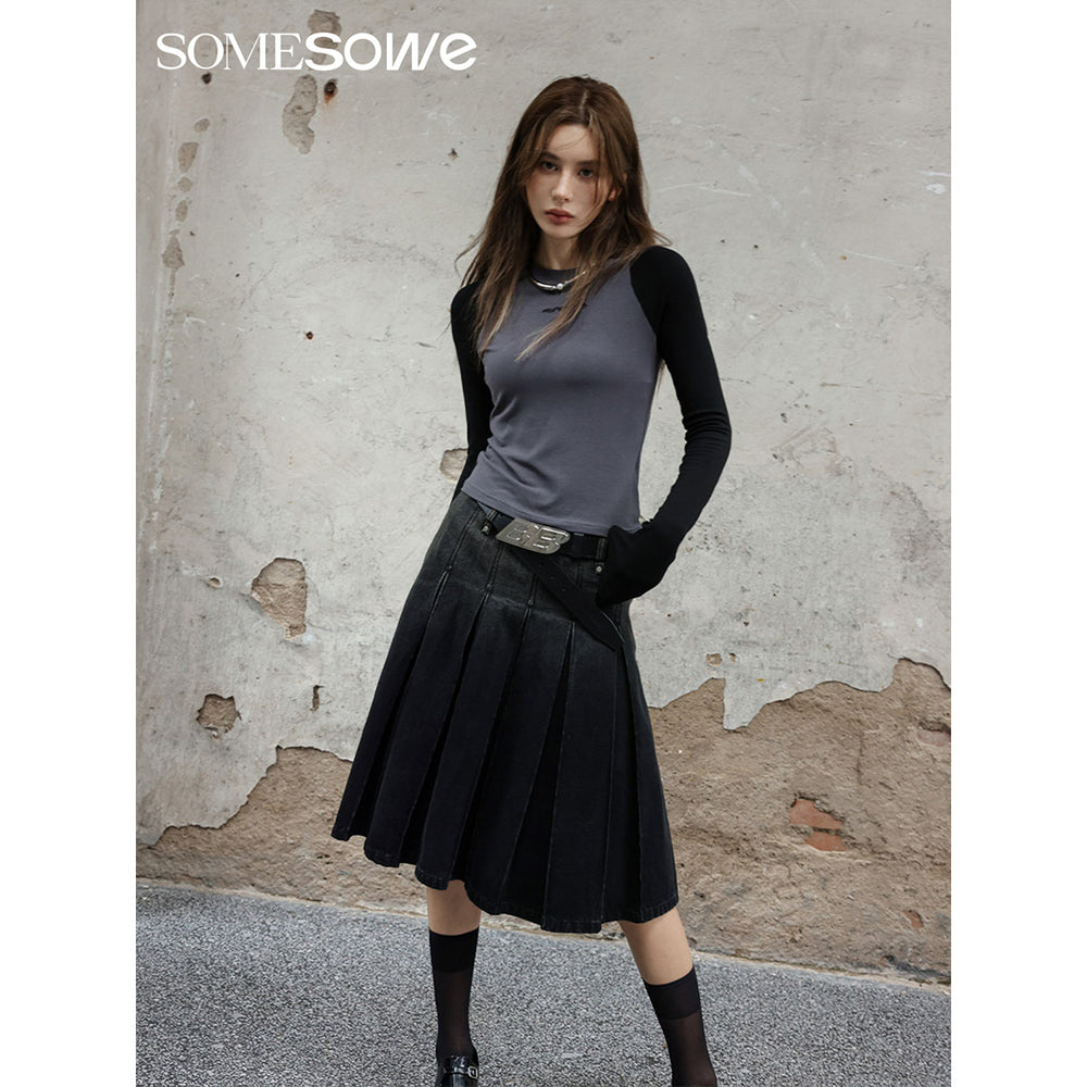 SomeSowe Gradient Pleated Denim Skirt Washed Black - Mores Studio