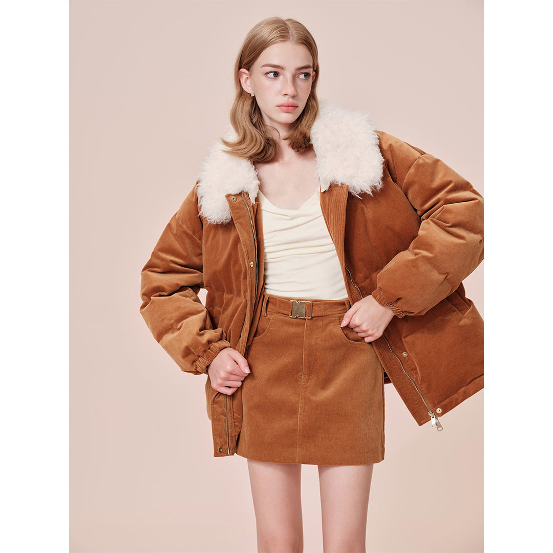 Rocha Roma Fur Lapel Corduroy Down Jacket Khaki