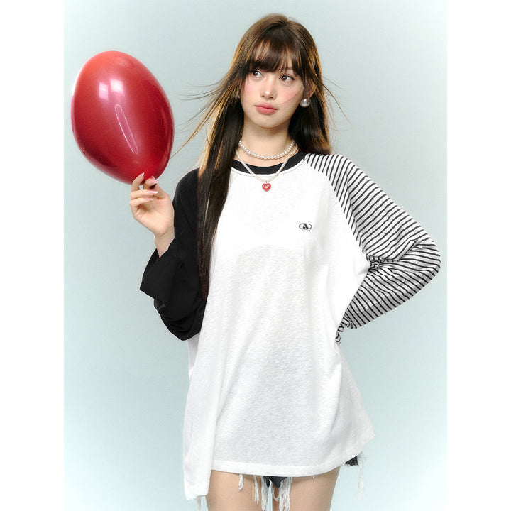 AsGony Contrast Color Striped Raglan L/S T-Shirt Black