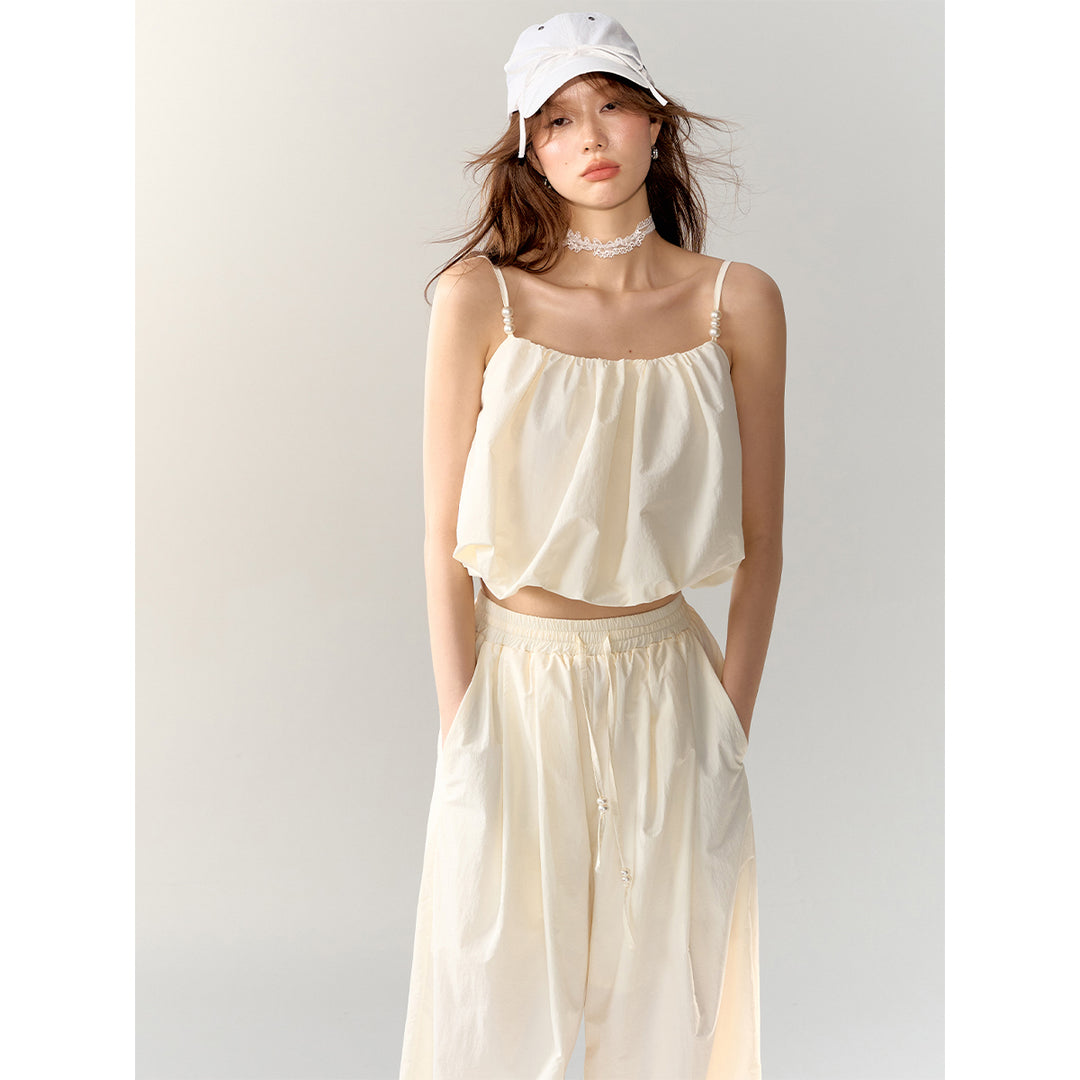 AsGony High Waist Drawstring Wide Leg Pants Beige