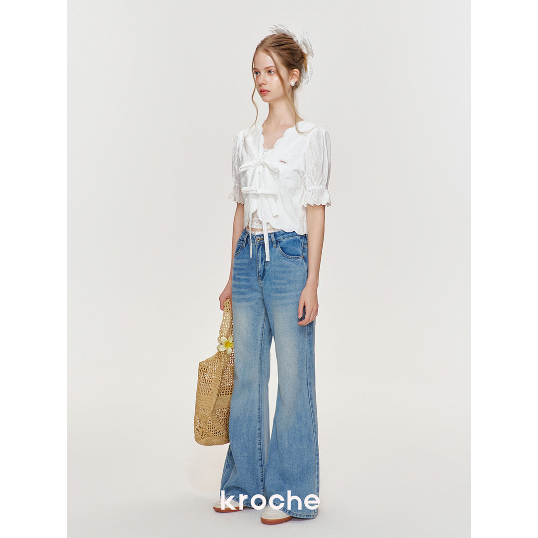 Kroche Lace Bow Lace Up Shirt Top White