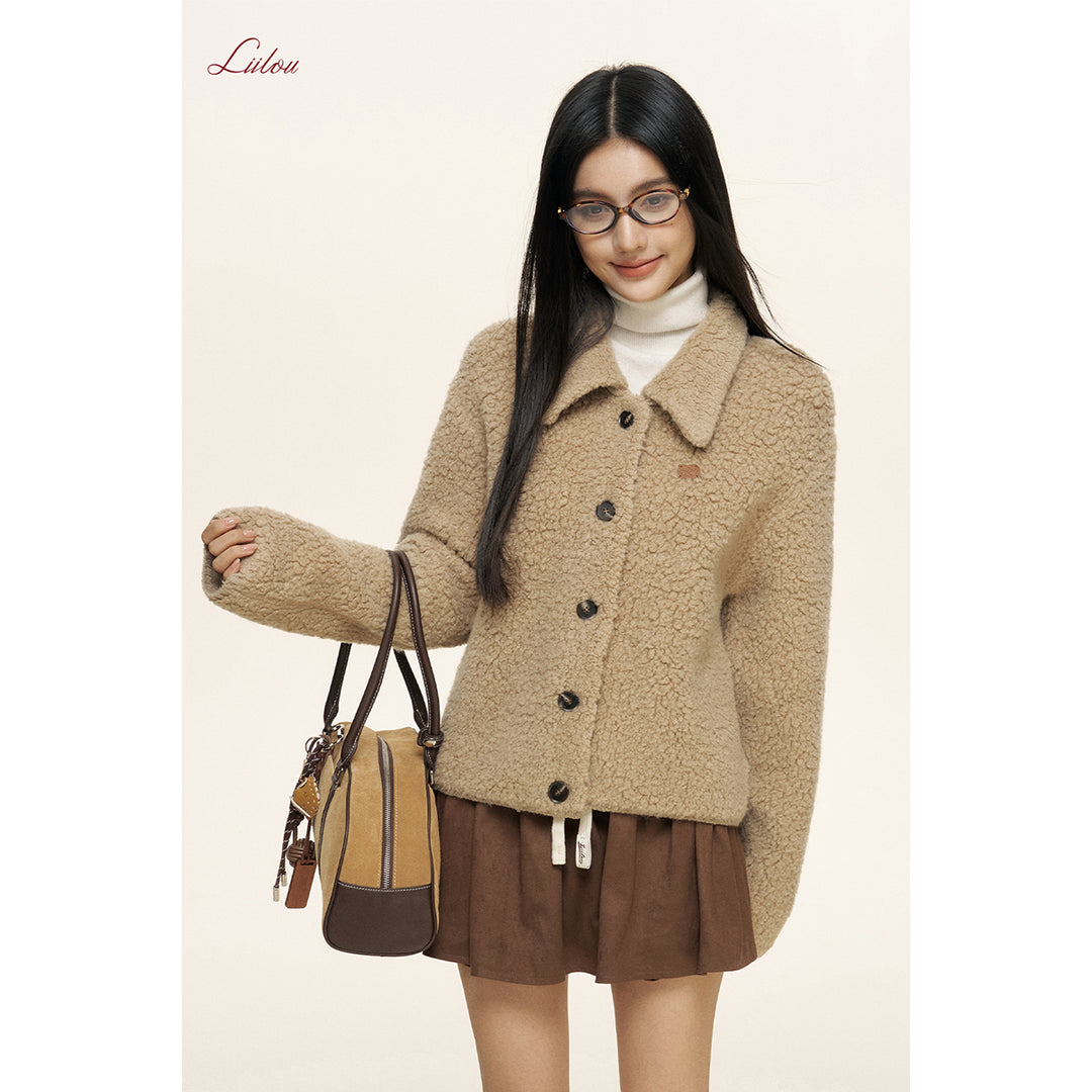 Liilou Loop Woolen Lapel Fleece Cardigan Khaki