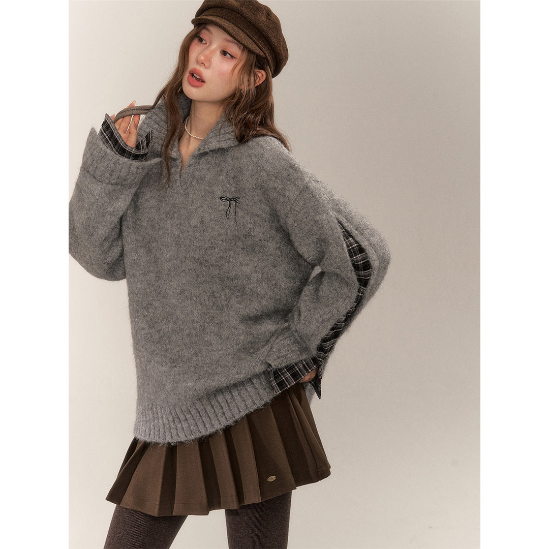 AsGony Plaid Patch Embroidery Knit Sweater Gray