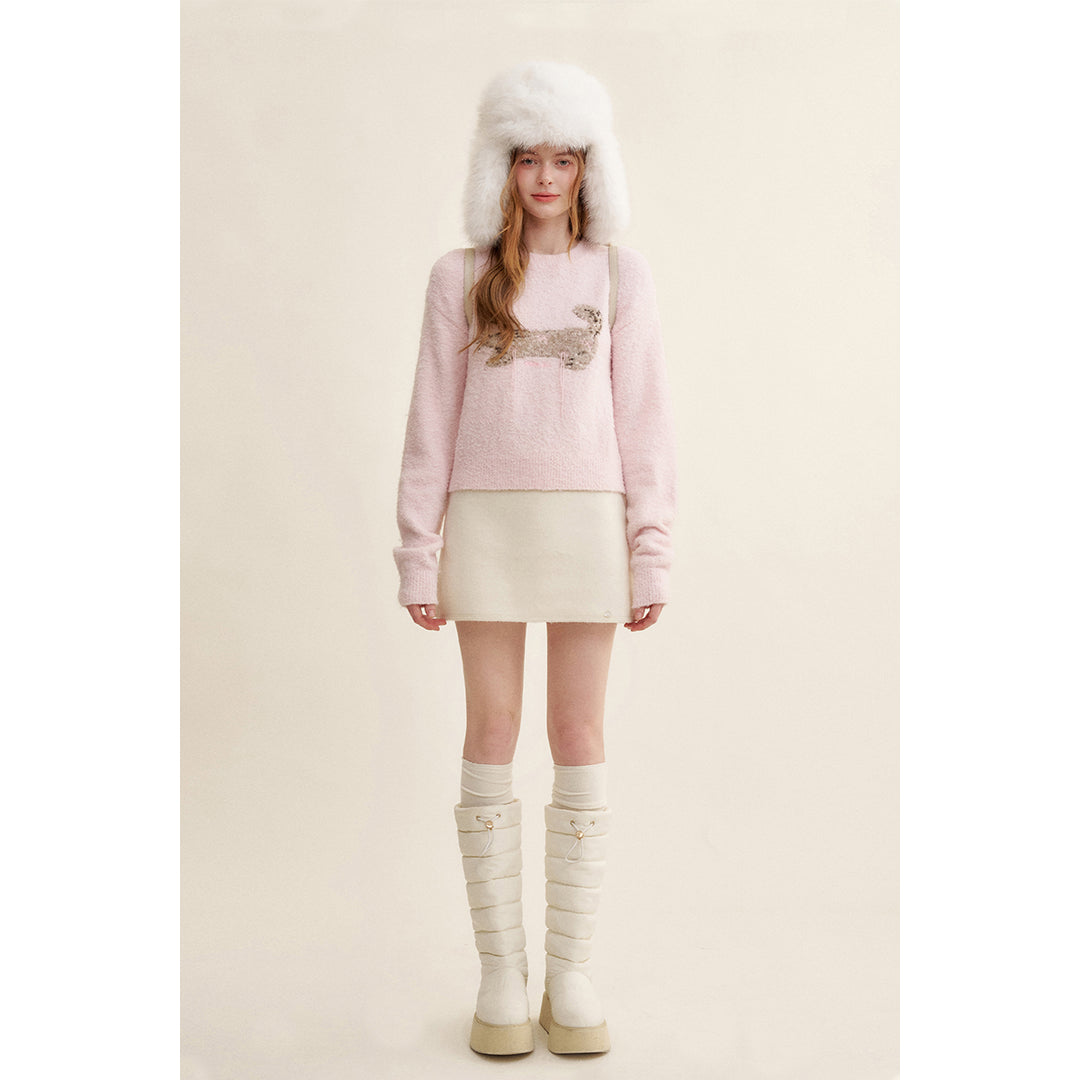 Kroche Cat Jacquard Woolen Knit Sweater Pink