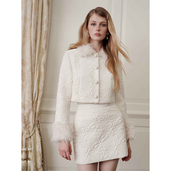 Rocha Roma Floral Velvet Fur Collar Padded Jacket White