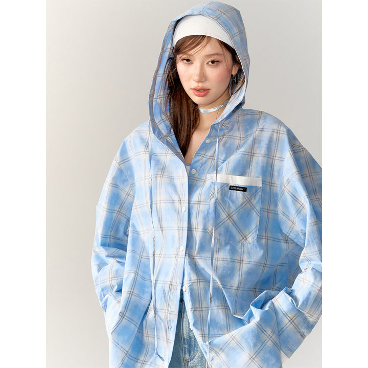 AsGony Plaid Patchwork Hooded Casual Shirt Blue