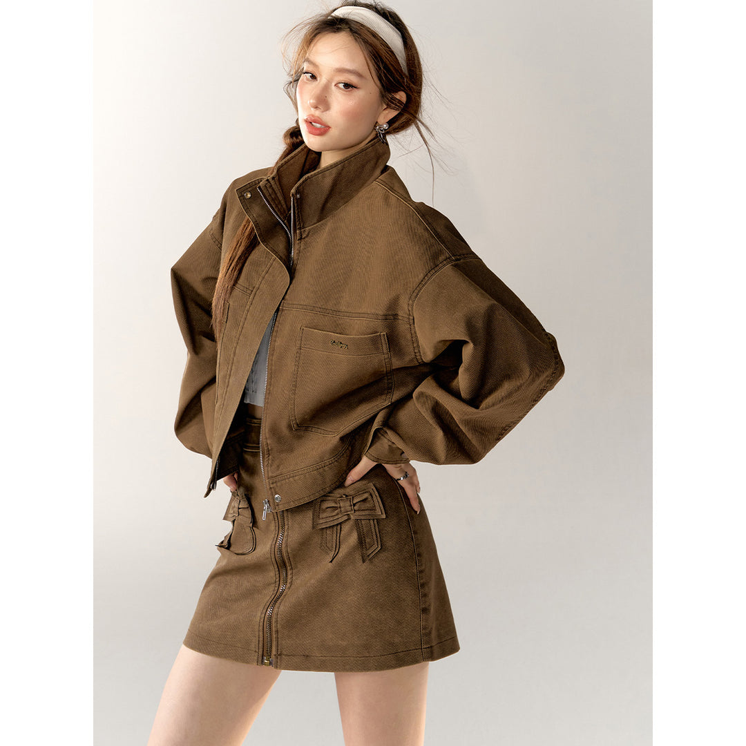 AsGony Retro Twill Zipper Casual Short Jacket Brown