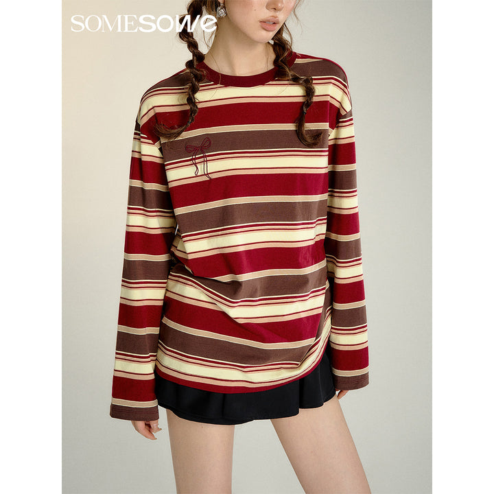 SomeSowe Retro Striped Long Sleeve T-Shirt Red