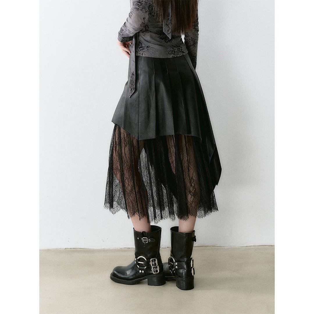 Via Pitti Irregular Lace Patchwork Leather Skirt Black