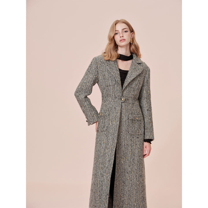 Rocha Roma Colored Dots Plaid Lapel Tweed Long Coat