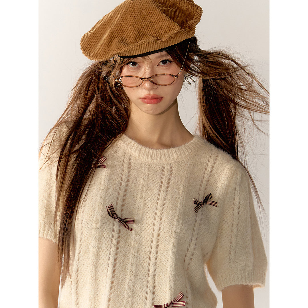 AsGony Bow Tie Puff Sleeve Knit Top Beige