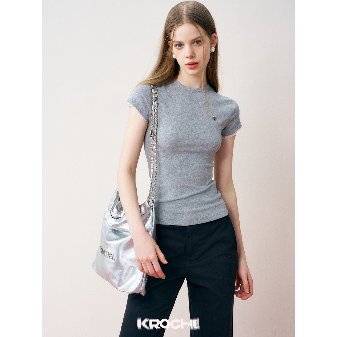 Kroche Lace Sleeve Clean Fit Logo Slim Fit Top Grey