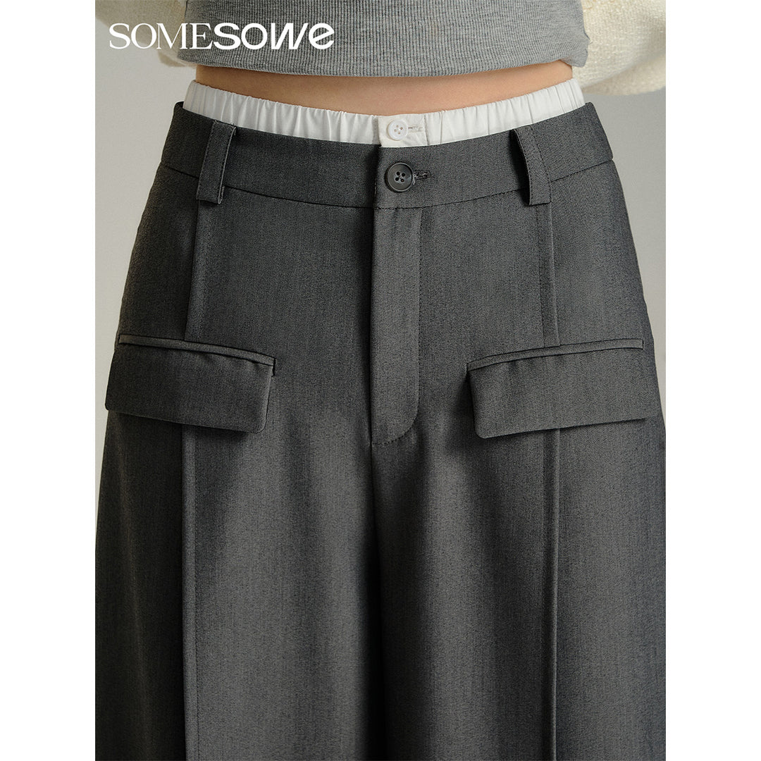 SomeSowe Contrast Color Stitching Wide-Leg Suit Pants Gray