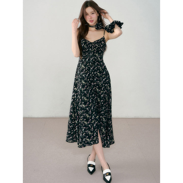 AsGony Panelled Lace Floral Slip Long Dress Black