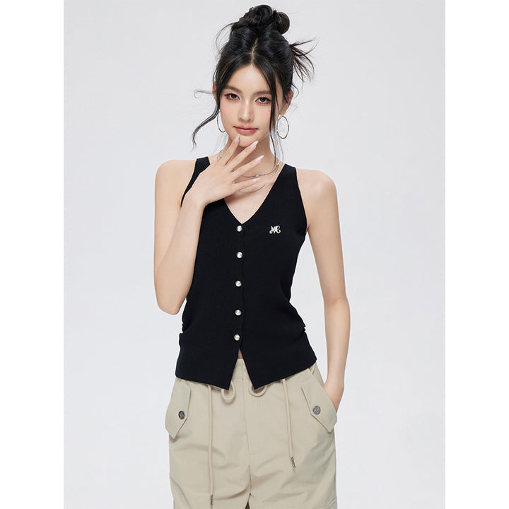 MacyMccoy Pearl Button Pleated V-Neck Knit Vest Black