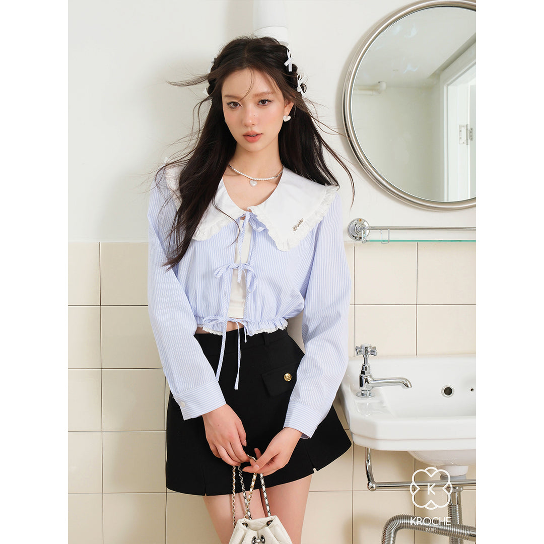 Kroche Doll Collar Hollow-Out Crop L/S Shirt Top - Mores Studio