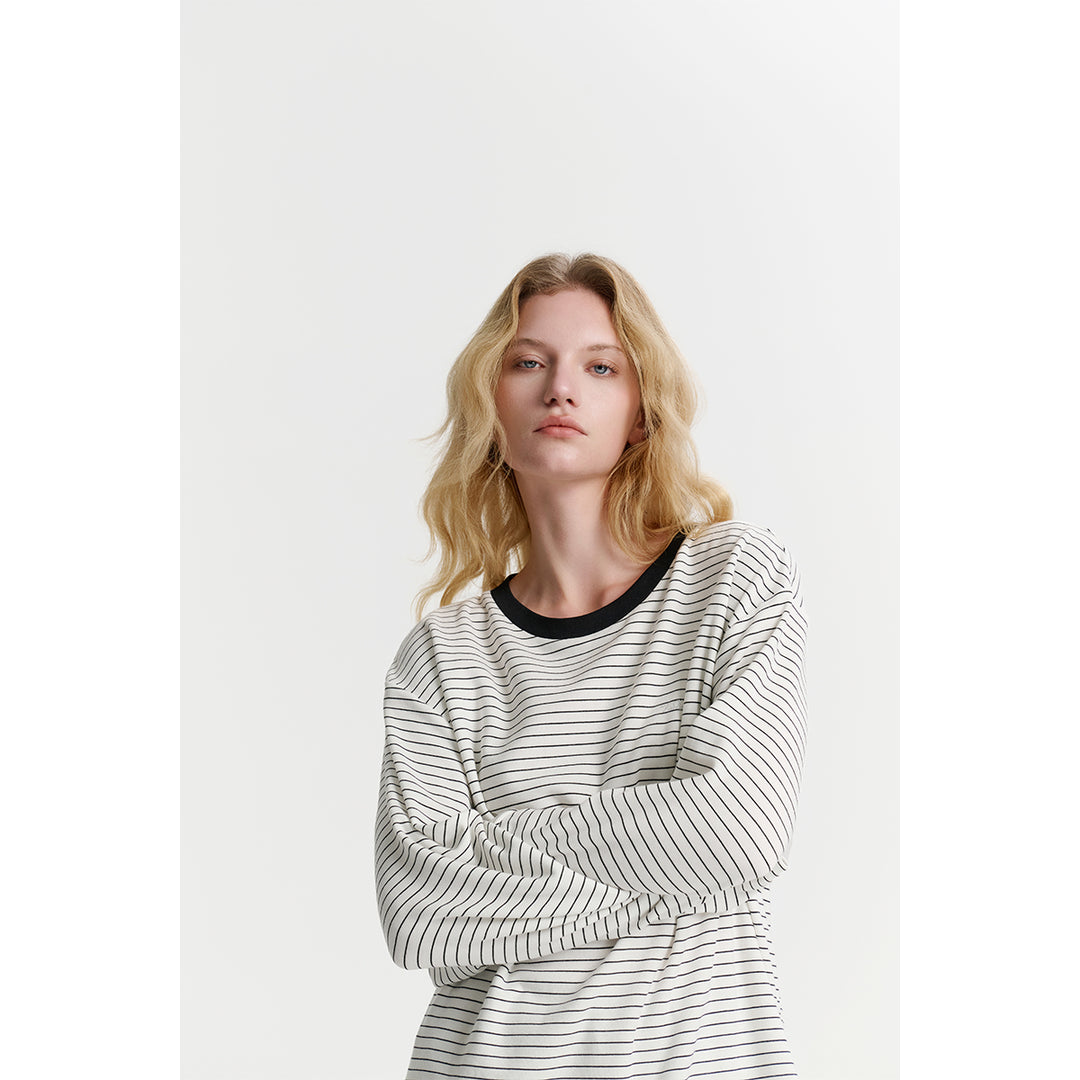 Three Quarters Hotfix Logo Striped Mousse Cashmere L/S Tee White