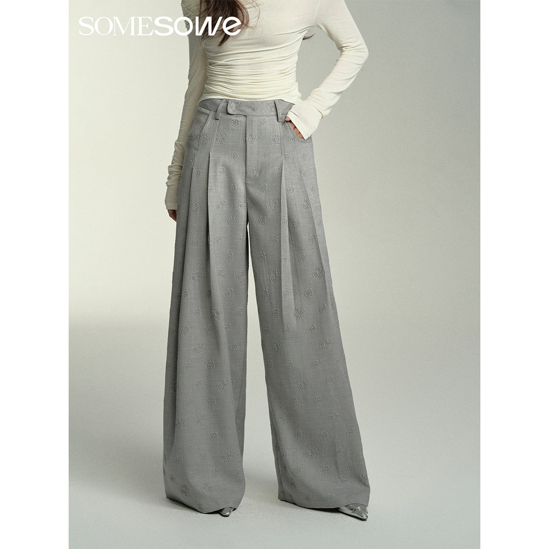 SomeSowe Floral Embossed High-Waisted Wide-Leg Pants Grey