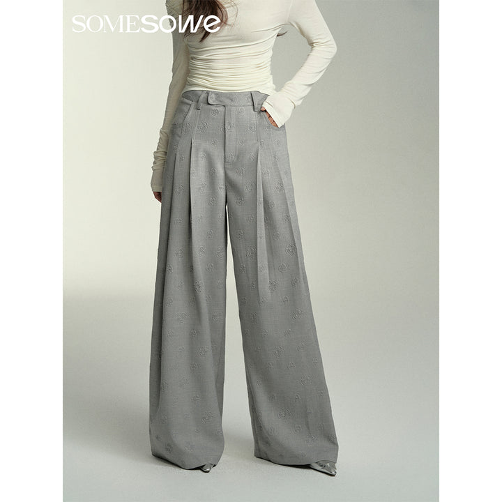 SomeSowe Floral Embossed High-Waisted Wide-Leg Pants Grey