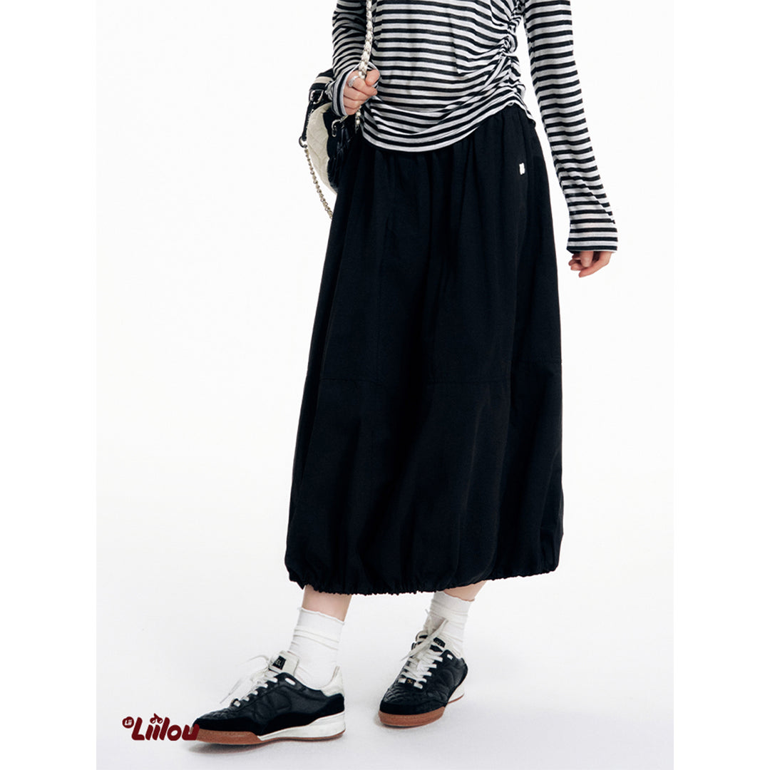 Liilou Elastic Waist Bud Drawstring Long Skirt Black