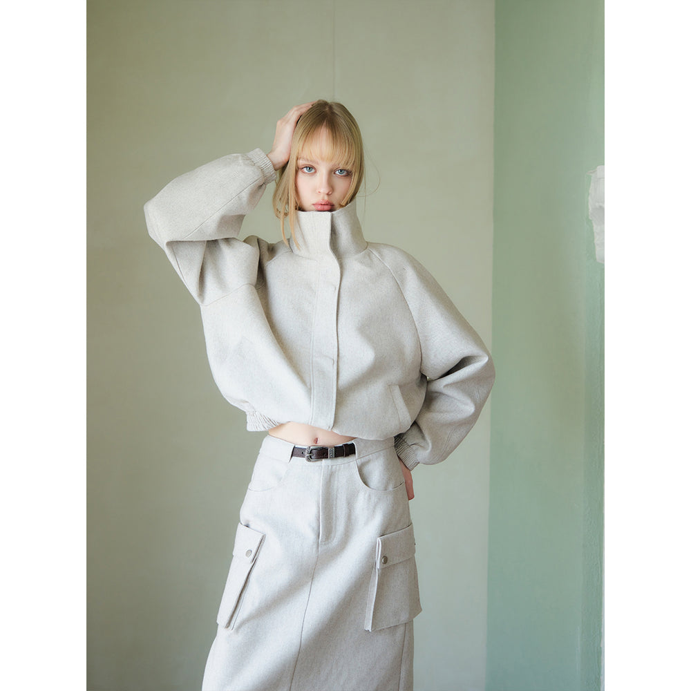 Three Quarters Stand Collar Woolen Jacket White - Mores Studio