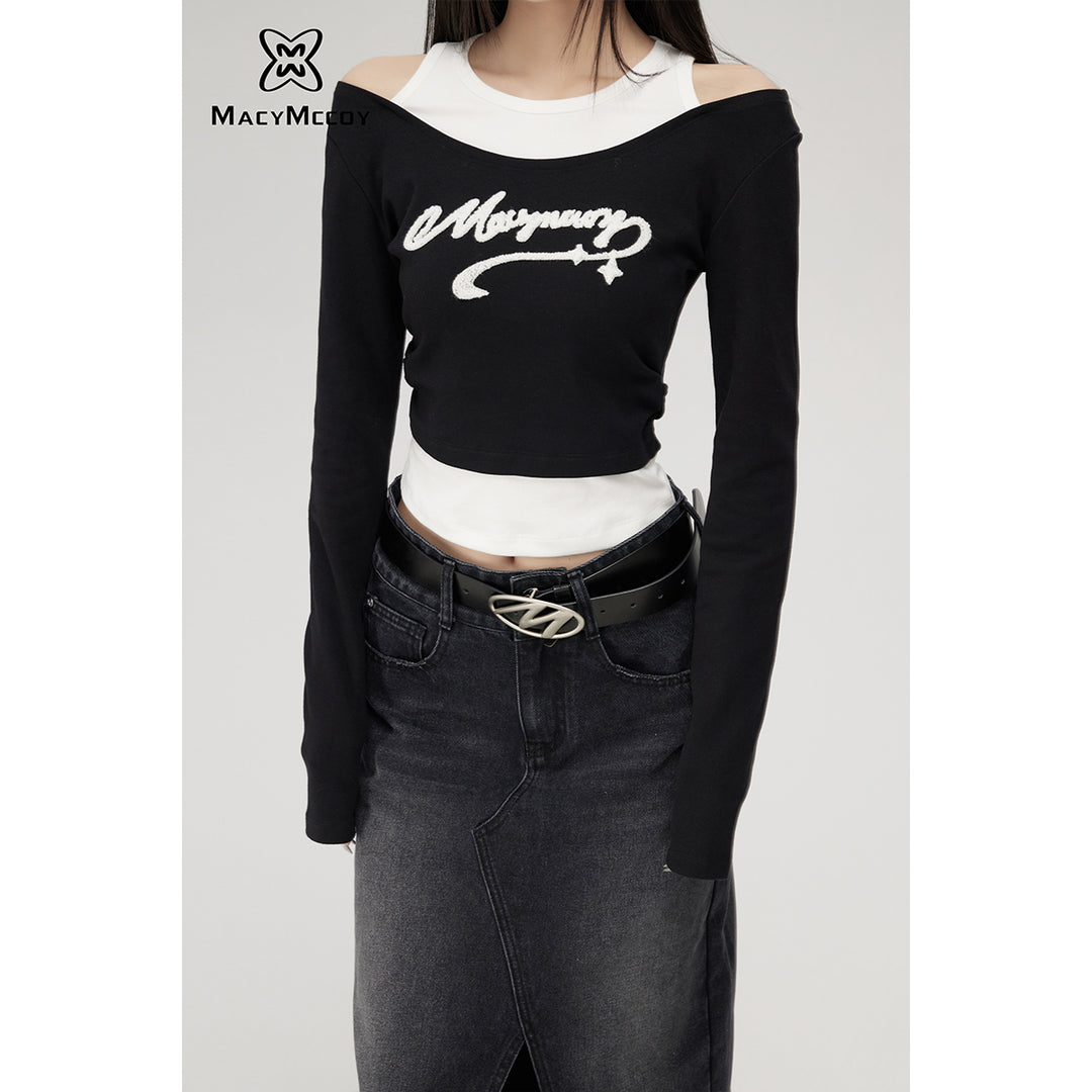 MacyMccoy Color Blocked Logo Embroidery Fake-2-Piece Knit Top - Mores Studio