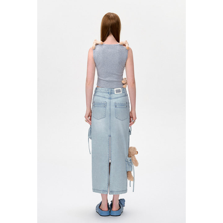 13De Marzo Bear Zipper Denim Cargo Long Skirt Light Blue