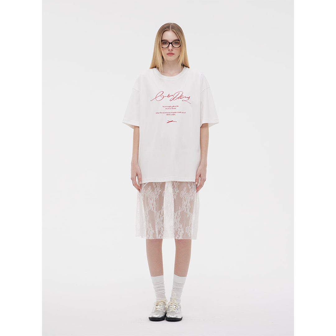 ODTD Embroidery Handwritten Slogan Logo Loose T-Shirt White